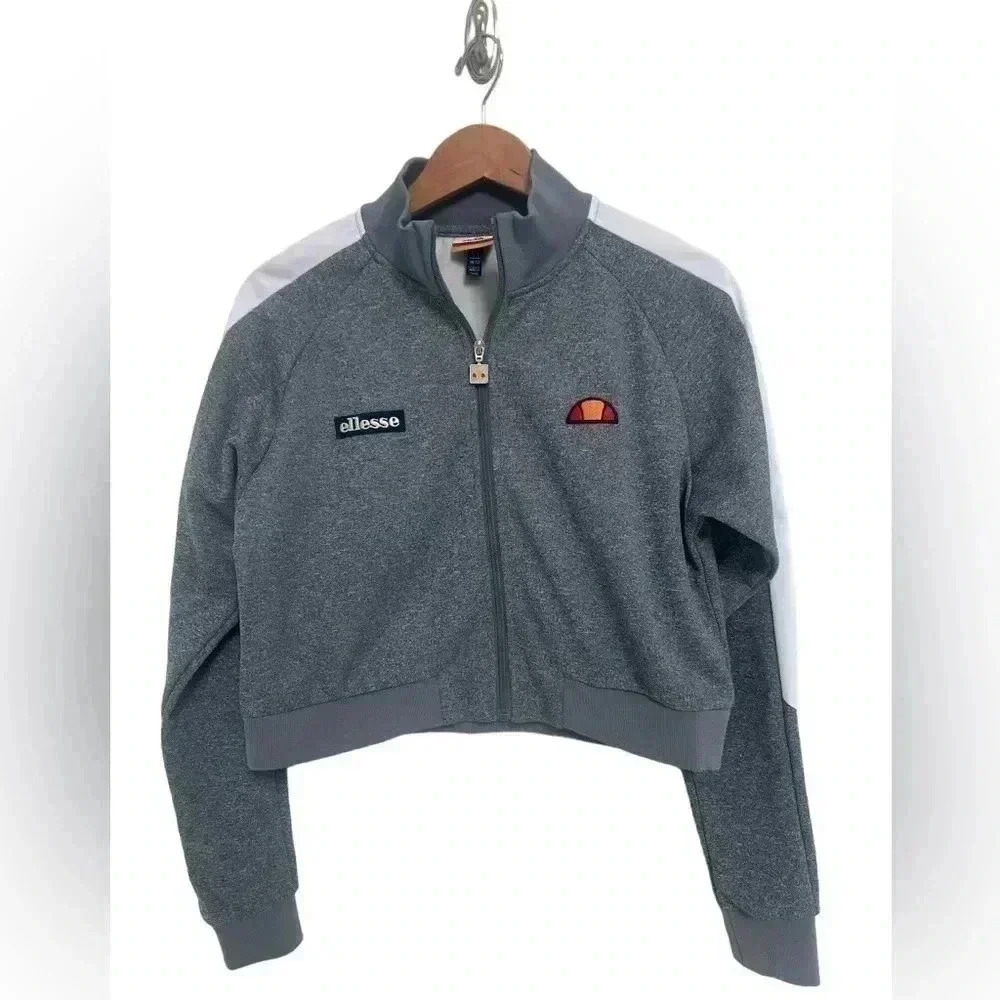 Ellesse Women Pinzolo Crop Track Jacket Top Long Sleeve Gray White Size Large